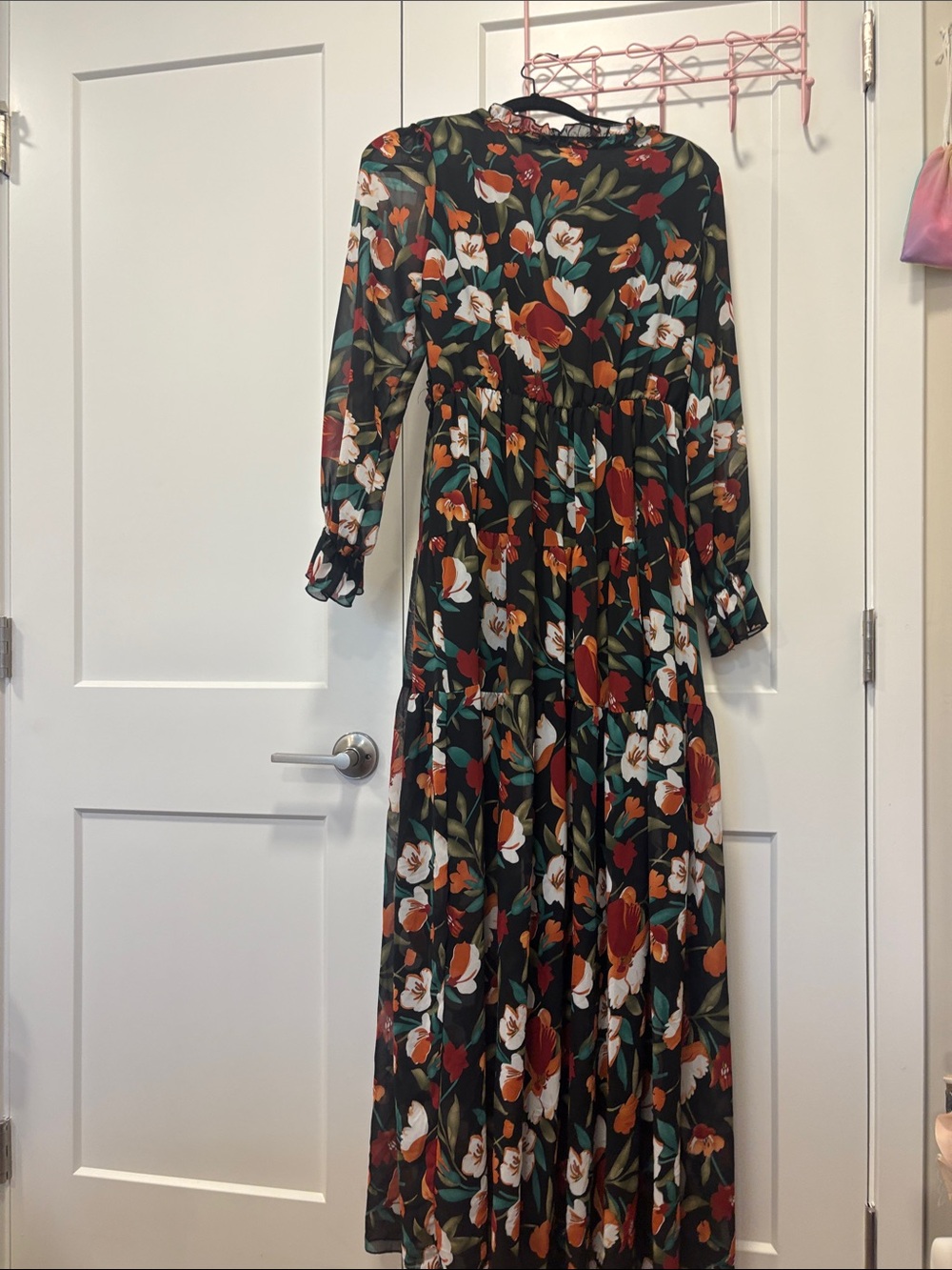 Floral V-Neck Long Sleeve Maxi Dress in Black and Rust - Picture 6 of 7